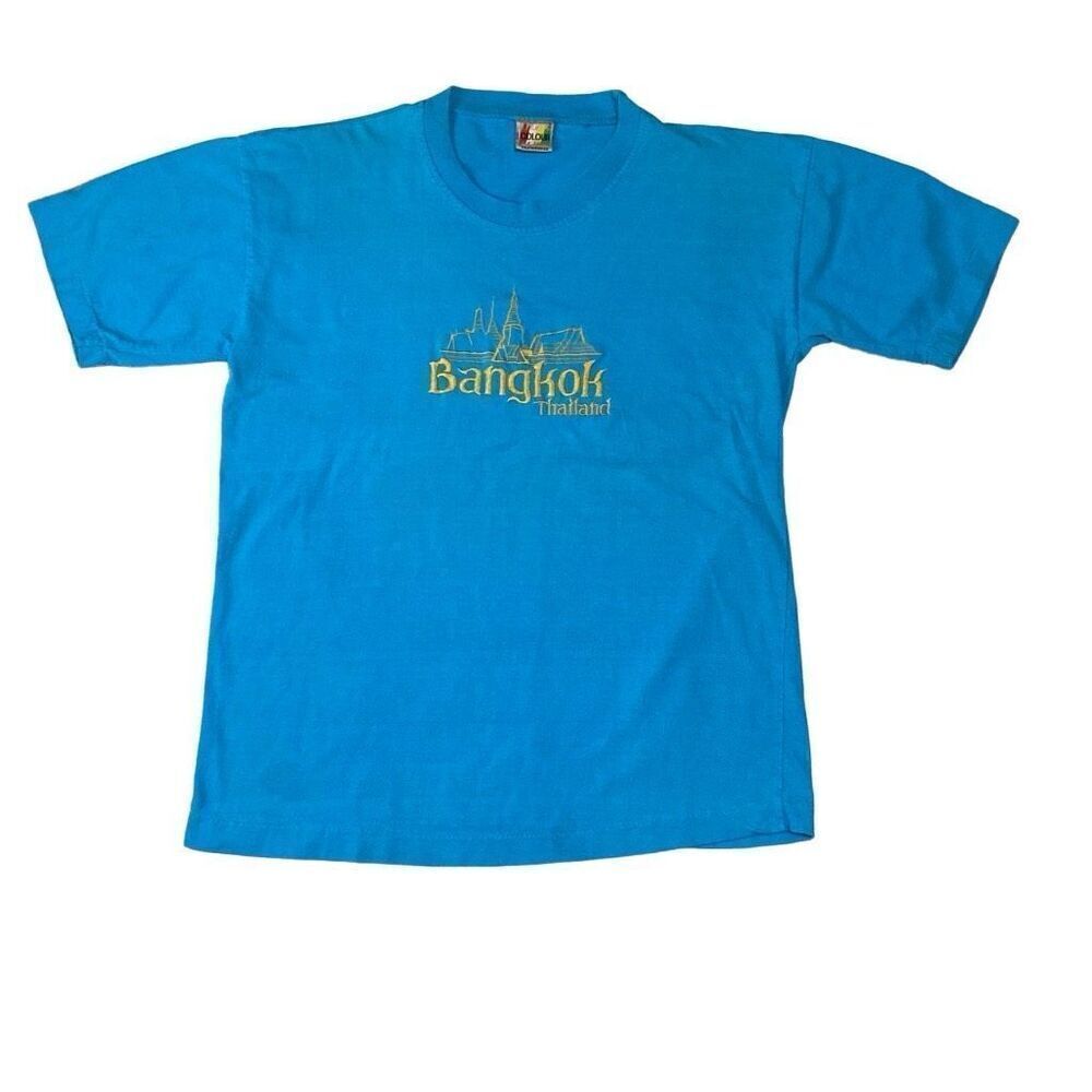 Vtg Single Stitch Turquoise Gold Embroidery Bangkok Thailand Shirt Women ?Medium